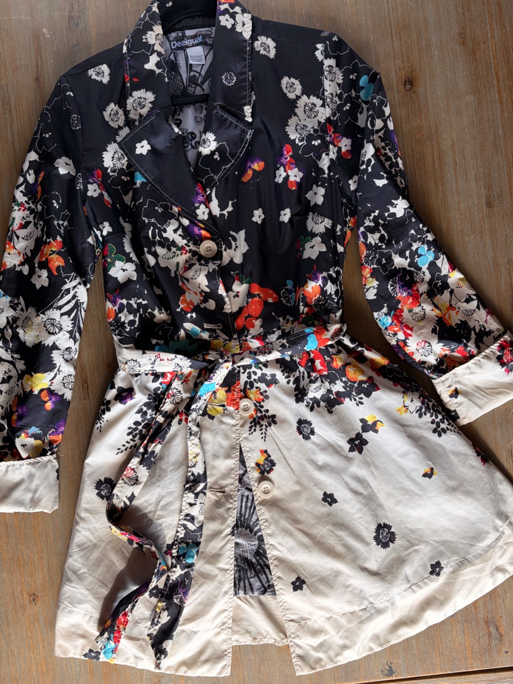 Desigual Black, Cream & Multicolor Floral Button-Front Trench with Tie